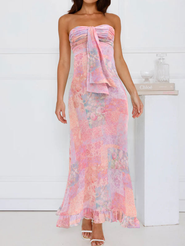 Strapless floral ruched maxi dress