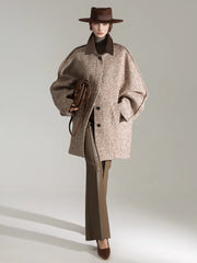 Designer Wool Coat for Women – Double-Faced Herringbone Snowflake Pattern Short Jacket with Leather Collar, Korean Style Winter Outerwear