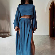 Vacation Cropped Top High Waist Chic Slit Linen Casual Two-Piece Set