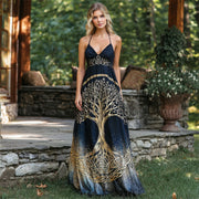 Vintage Tree Of Life Pattern Women's Spaghetti Strap V-neck Maxi Dress