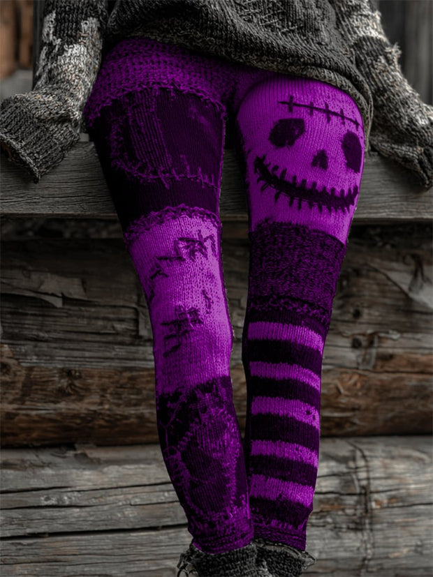 Women's Retro Halloween Contrast Color Comfortable Knitted Print Leggings