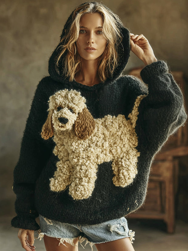 Vintage Fluffy Poodle Dogs Felt Cozy Knit Hooded Sweater