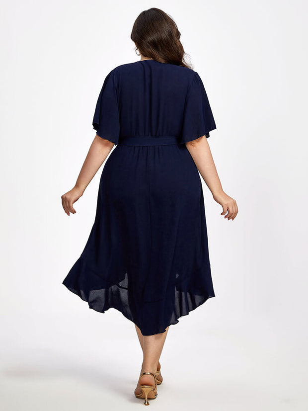 Plus Ruffle Sleeve V-Neck Knot Side Wrap Ditsy Midi Dress