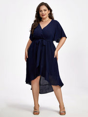 Plus Ruffle Sleeve V-Neck Knot Side Wrap Ditsy Midi Dress