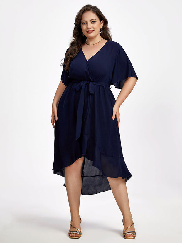 Plus Ruffle Sleeve V-Neck Knot Side Wrap Ditsy Midi Dress