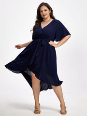 Plus Ruffle Sleeve V-Neck Knot Side Wrap Ditsy Midi Dress