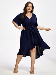 Plus Ruffle Sleeve V-Neck Knot Side Wrap Ditsy Midi Dress