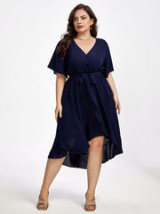 Plus Ruffle Sleeve V-Neck Knot Side Wrap Ditsy Midi Dress