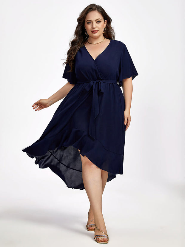 Plus Ruffle Sleeve V-Neck Knot Side Wrap Ditsy Midi Dress