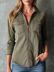 Vintage Army Green Utility Zip Shirt Jacket With Contrast Stitching