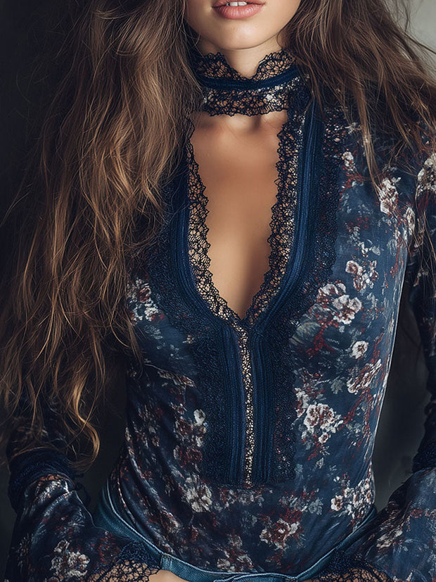 Vintage Floral Velvet Bell Cuffs Lace Blouse