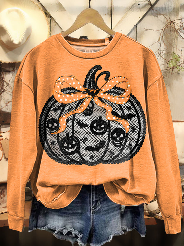 Vintage Halloween Pumpkins Butterfly Festival Lace Print Sweashirt
