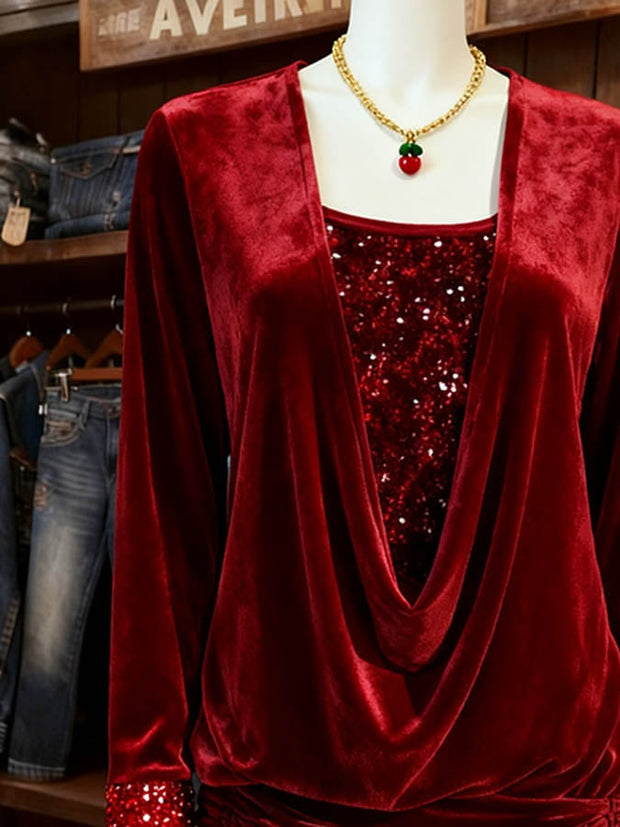 Women's Casual Christmas Splicing Contrast Color Mock Two-Piece Top