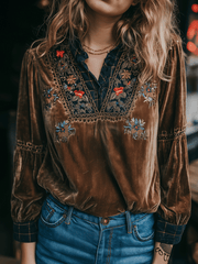 Bohe Brown V-Neck Velvet With Floral Embroidery And Lace Blouse