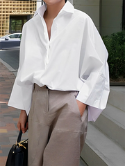 Long Sleeves Loose Solid Color Lapel Collar Blouses&Shirts Tops