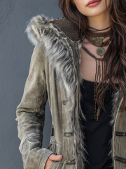 Vintage Distressed Eco-friendly Fur Collar Mid-length Coat