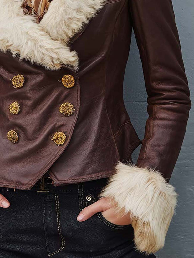 Vintage Brown Eco Leather Jacket With Faux Fur Collar & Gold Buttons