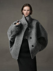 Alpaca Wool Biker Jacket for Women – Stand Collar Suoli Alpaca Coat with Luxe Textured Finish, Winter Chic Outerwear