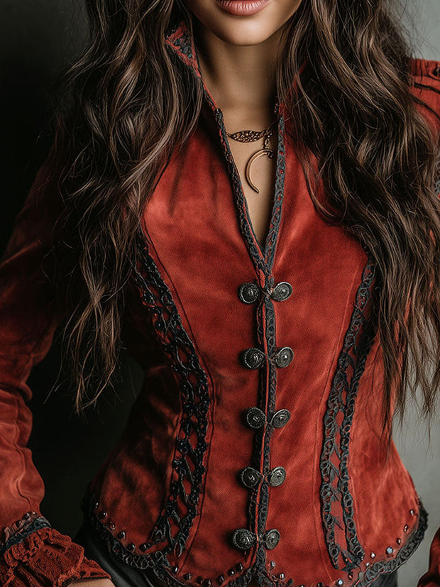 Vintage Rust Red Velvet Jacket With Lace Trim And Ruffled Cuffs