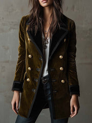 Olive Synthetic Velvet Double-Breasted Military Coat