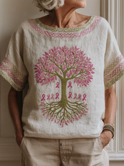 Women's Health Tree Of Life Pink Ribbon Round Neck T-shirt