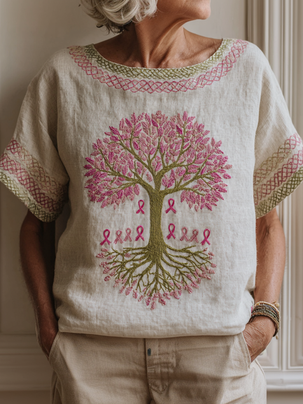 Women's Health Tree Of Life Pink Ribbon Round Neck T-shirt