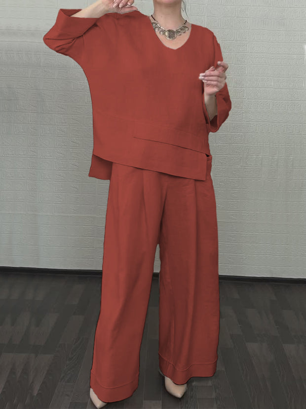 Women'S Casual Solid Color Irregular Cotton And Linen Shirt and Pats Suit