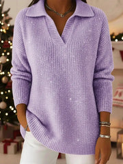 Christmas Party Polo Collar Shiny Loose Sweater Top