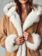 Luxury Eco Fur Trim Hooded Microsuede Jacket With Plush Lining