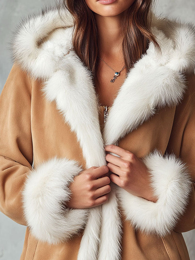 Luxury Eco Fur Trim Hooded Microsuede Jacket With Plush Lining