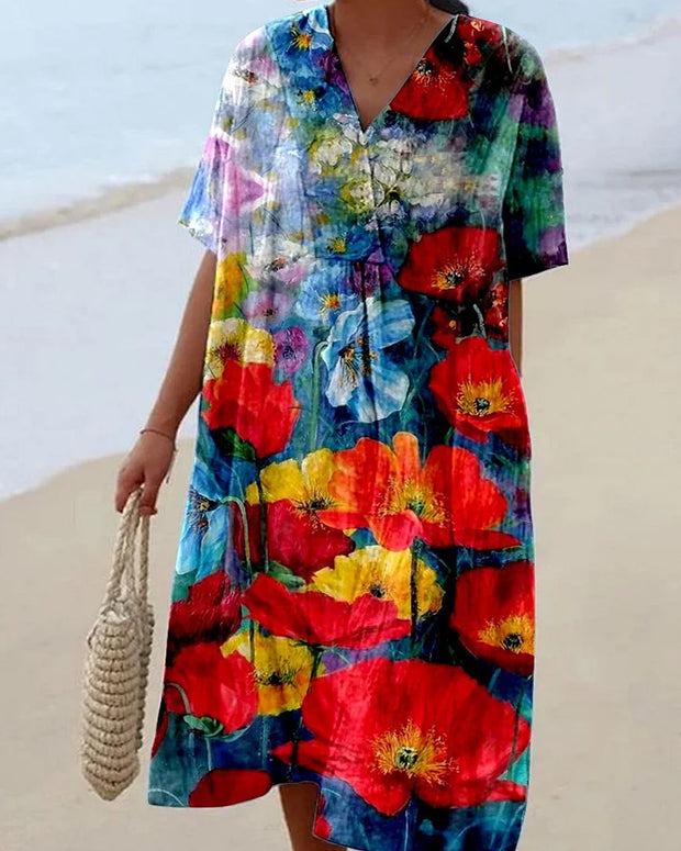 Women's V-neck Poppy Fruit Seaside Resort Style Dress