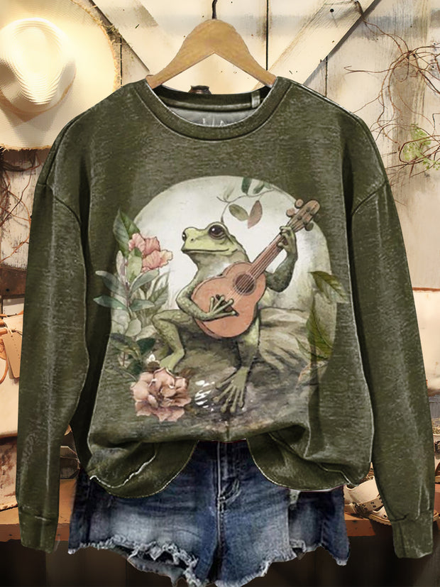 Women's Frog Playing Guitar Pattern Print Casual Crew Neck Sweatshirt