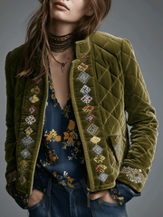 Heritage Olive Green Embroidered Velvet Quilted Jacket