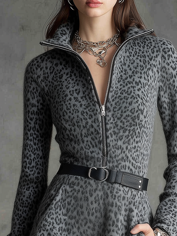 Retro Leopard Zipper Collar Knitted Mini Dress