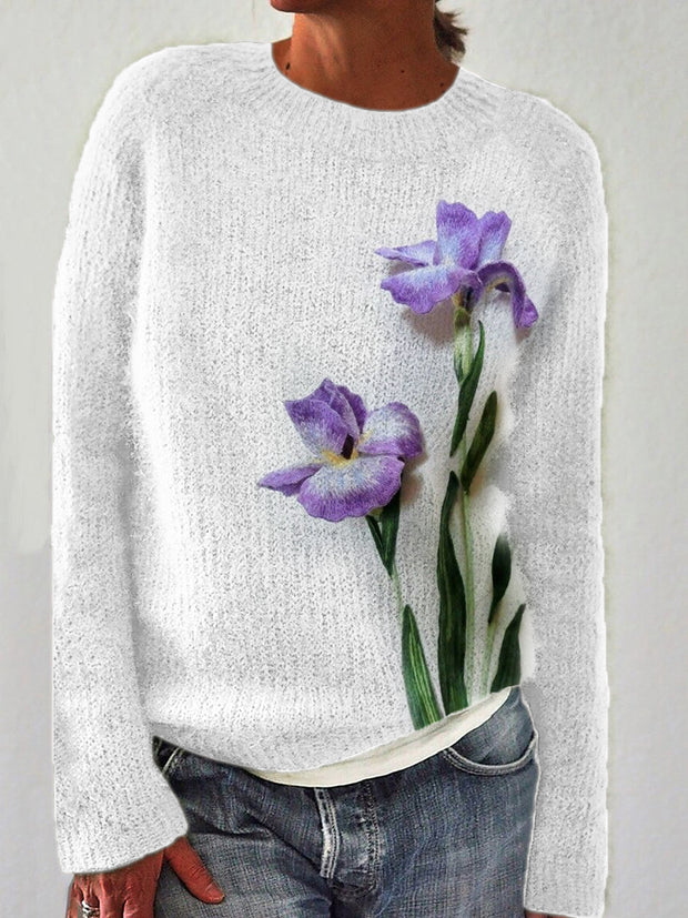 Classy Purple Irises Felt Art Cozy Knit Sweater