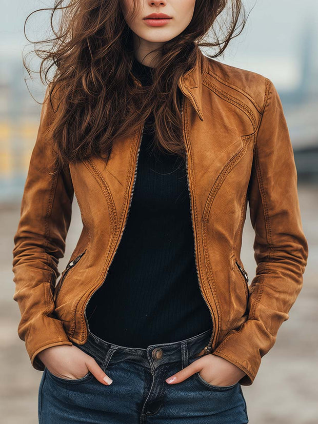Women's Vintage Caramel Brown Fitted Moto Leather Jacket