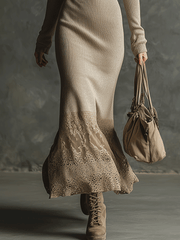 Elegant Zip-Neck Beige Knitted Maxi Dress