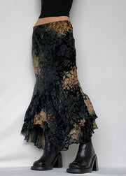 Shipping in 24 hours-Chic Black Asymmetrical Print Ruffled Patchwork Silk Velour Skirt Summer