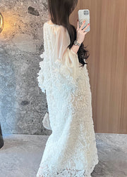 Italian Beige V Neck Tulle Patchwork Lace Long Dresses Spring