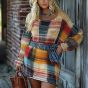 Cowgirl Retro Autumn And Winter Color Block Plaid Contrast Long Sleeve Dress