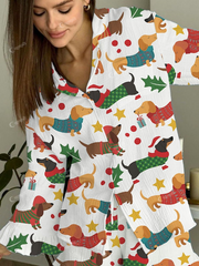 Women's Christmas Dachshund Print Ruffled Loungewear Set