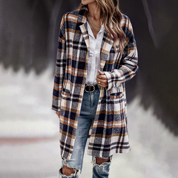 Wearshes Checked Long Sleeve Casual Coat