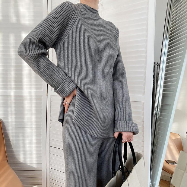 Fashion Ribbing Texture Round Neck Solid Color Two-piece Suit