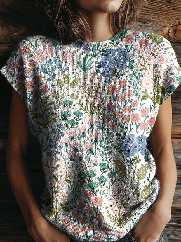 Women's Ethnic Colorful Flowers Art Print Casual Crew Neck Short Sleeve Knitted Sweater