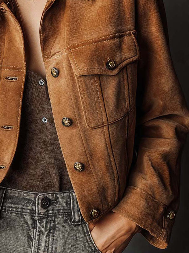 Vintage Suede Button-Up Utility Jacket