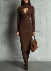 Brown Ribbed Knit Cut-Out Midi Dress