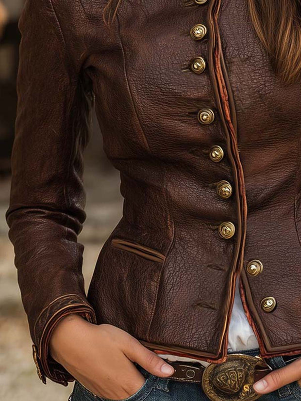 Vintage Brown Stand-up Collar Contrasting Edge Slim Fit Textured PU Jacket