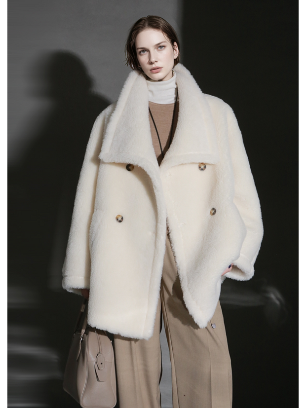 Luxury Teddy Wool Coat for Women – Double-Faced Wool Overcoat with Oversized Lapel, Warm Fuzzy Winter Jacket