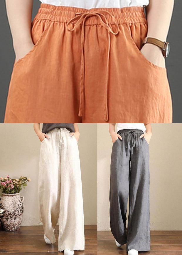 Orange Elastic Waist Linen Straight Pants Solid Color Drawstring Summer