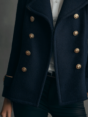 Classic Navy Wool-Blend Double-Breasted Peacoat Gold Buttons Coat